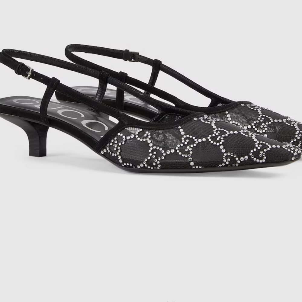 Gucci Black Mesh GG Crystal Slingback Kitten Heels The Gucci Aria collection 8.5